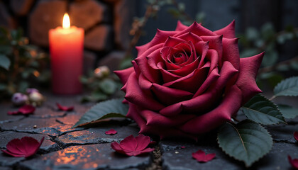 Vibrant red gothic rose with candle and scattered petals on stone surface, romantic atmosphere
