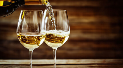 Two wine glasses with white wine being poured, embodying elegance and simplicity in a timeless moment.
