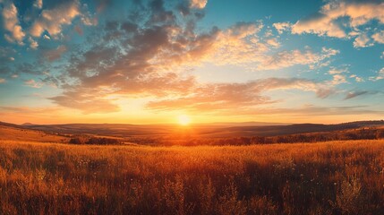 Obraz premium Stunning Wide Angle Sunset Panorama with Glowing Skies Over Horizon