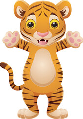 Happy cartoon tiger posing on white background
