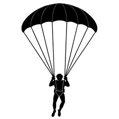 skydiver with an open parachute black silhouette vector, Simple silhouette Design vector icon with white background.