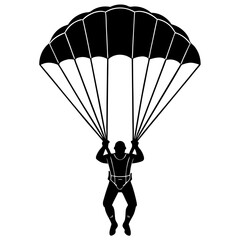 skydiver with an open parachute black silhouette vector, Simple silhouette Design vector icon with white background.