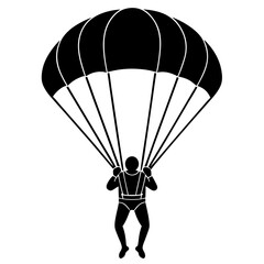 skydiver with an open parachute black silhouette vector, Simple silhouette Design vector icon with white background.