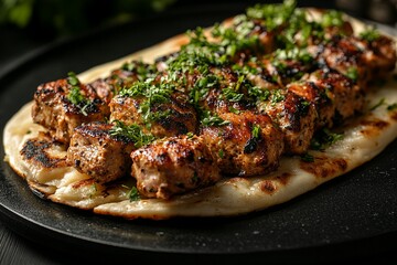 Grilled Chicken Kebabs with Parsley on Naan Bread Delicious Middle Eastern Food
