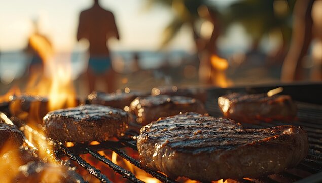 Beachside barbecue grilling burgers.  Blurred figures in background - Powered by Adobe