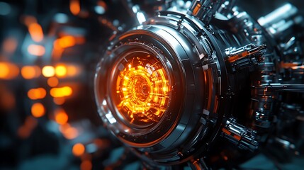 Fototapeta premium Futuristic Glowing Core Close-up with Metallic Structure and Orange Light