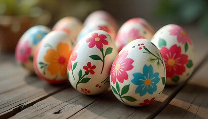 Fototapeta premium Beautiful Painted Easter Eggs with Floral Patterns, decorative spring holiday design, Spring composition, and Easter modern minimal banner. Season greetings mockup, created with generative ai