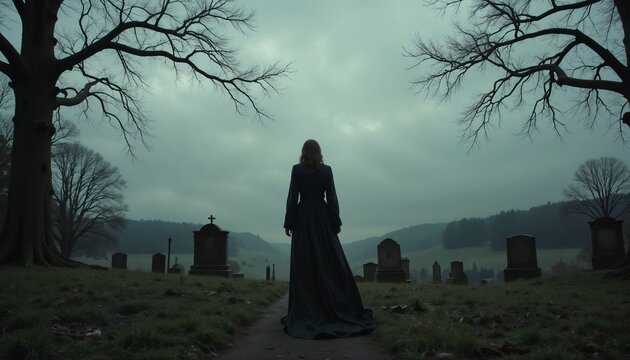 Solitary female figure in a dark dress standing in a cemetery surrounded by misty trees and tombstones for gothic mystery and eerie aesthetics