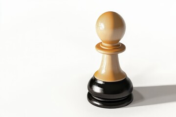 A wooden chess piece isolated and standing on a white surface