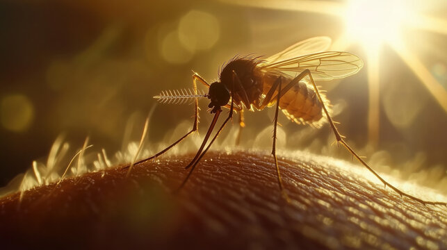Mosquito Perched on Skin, Preparing to Bite Under the Sunlight