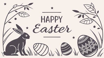 Happy easter illustration with rabbit, decorated eggs, stars, and floral elements. Perfect for Spring Invitations, Holiday Branding, and Creative Event Projects