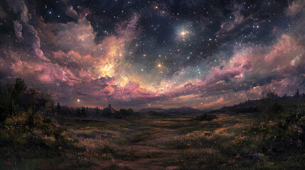 Naklejka premium Magical starry night over a whimsical landscape.