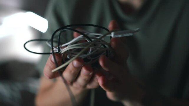 Tangled wires close-up.
Lots of wires tangled together.
Untangling wires.
Long cable in the guy's hands