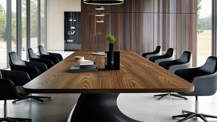 A modern office space with a long wooden table and sleek black chairs. background vibe