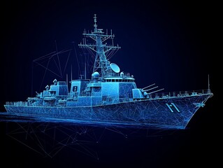 Navy Destroyer for Wireframe, Ocean, Night.