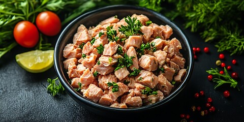 Fototapeta premium Top-Down View of a Bowl of Canned Tuna