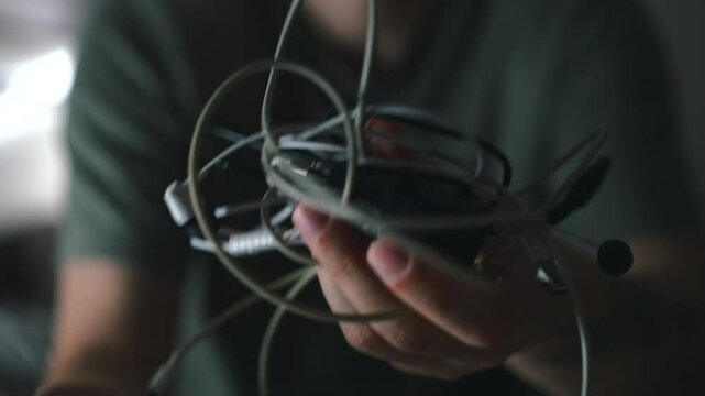 A man tries to untangle tangled wires and cables.
A man holds many cables tangled together.
Wires and chargers