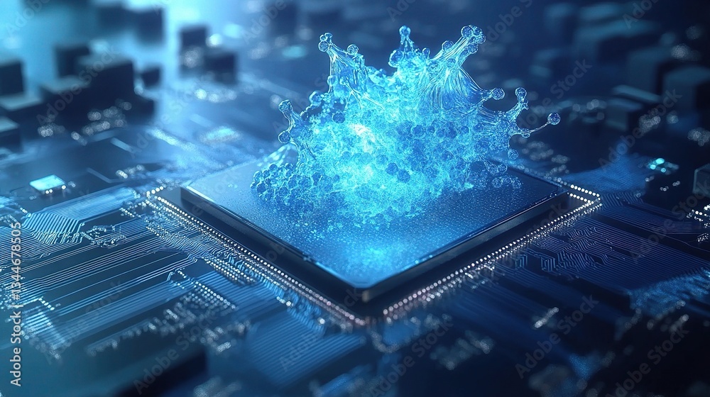 Poster futuristic quantum computer concept with advanced technologies display