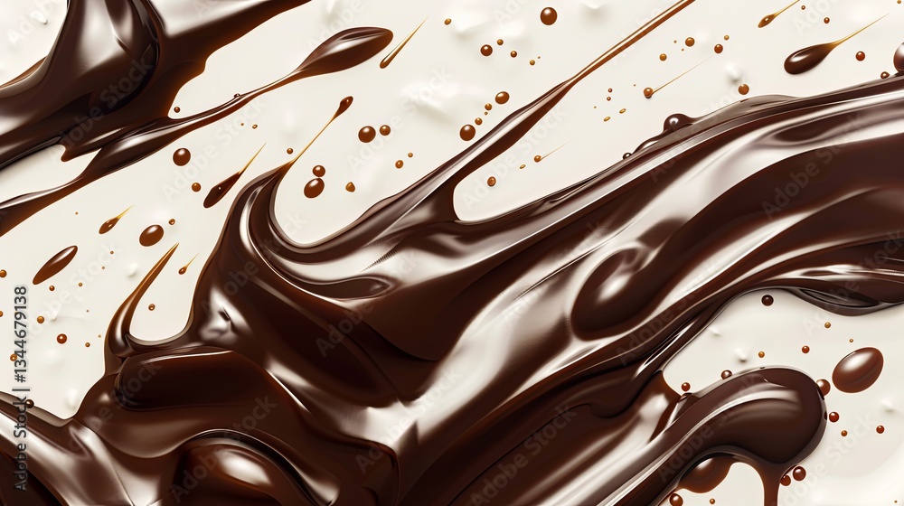 Poster Rich dark chocolate droplets flowing smoothly on a light cream background with glossy texture and high detail Generative AI