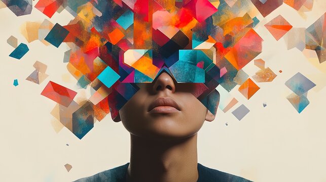 Portrait of person with colorful geometric shapes around head, symbolizing creativity and mindfulness 