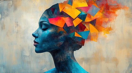 Portrait of person with colorful geometric shapes around head, symbolizing creativity and mindfulness 