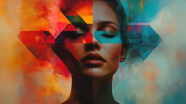 Portrait of person with colorful geometric shapes around head, symbolizing creativity and mindfulness 