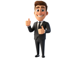 Obraz premium Cartoon businessman giving thumbs up gesture in a suit on a isolated on transparent background