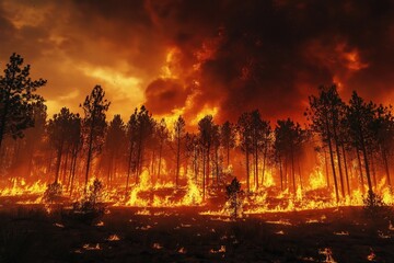 Raging wildfire engulfs dense forest, flames and smoke consuming towering trees
