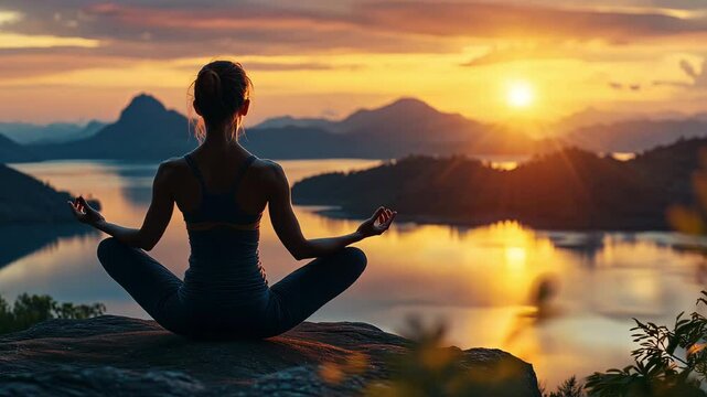 Woman in lotus pose meditating at sunrise with view on a calm lake