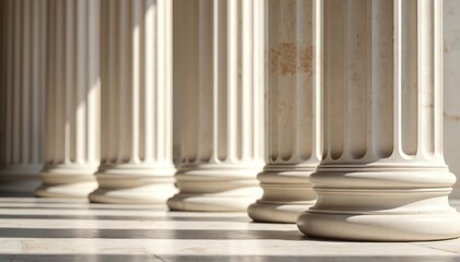 Row of marble pillars in classic greek architecture style with fluted columns. Stone colonnade with light and shadow. Ancient building exterior with architectural elements, historical structure.