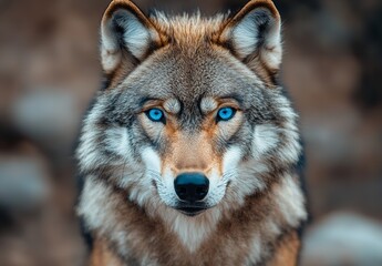 Obraz premium Close-Up Portrait of a Wolf with Striking Blue Eyes in its Natural Habitat