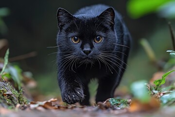 A Black Cat Walks Forward Through Lush Green Foliage