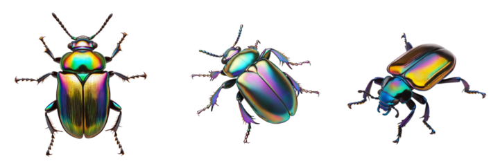 A vibrant beetle with a shiny, metallic exoskeleton, isolated on a transparent background