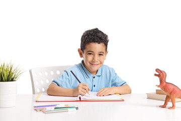 Naklejka premium Cute boy writing in a notebook