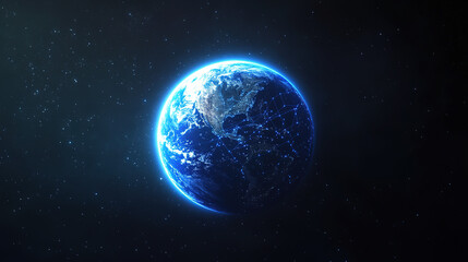 Naklejka premiumThe abstract blue and white Earth, with glowing network connections, symbolizes interconnected technology and innovation.