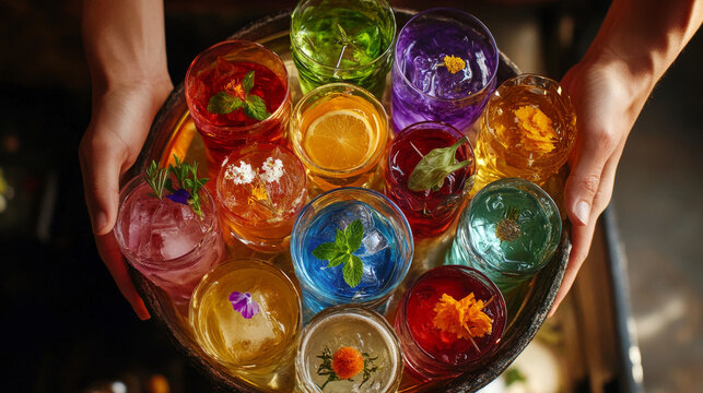 Colorful Cocktails on a Tray Held by a Bartender
