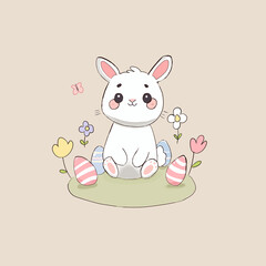 Cute Bunny with Easter Eggs. A simple and adorable drawing of a bunny with colorful eggs against a plain background. Perfect for Easter or just some bunny-themed cuteness! 🎨🐰✨