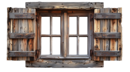 Rustic wooden window with classic shutters isolated on transparent background (2)