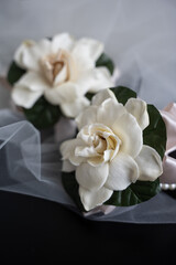Elegant white gardenia corsages rest on delicate bridal tulle