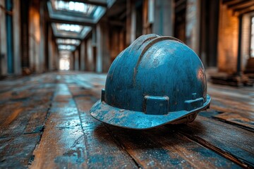 A blue construction helmet rests on wooden planks inside