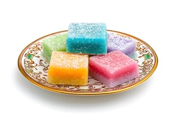 A Colorful Delight: A close-up shot showcasing an assortment of vibrantly colored, sugar-dusted, and appetizing treats, exquisitely arranged on a decorative plate. 
