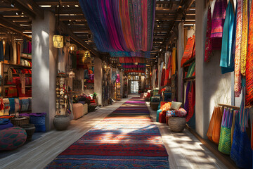A restored traditional marketplace with colorful textiles and crafts, cultural heritage protection