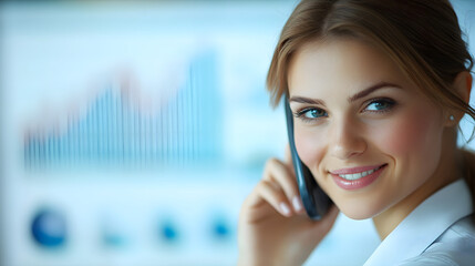 Smiling young businesswoman talking on the phone with a blurred financial chart in the background.