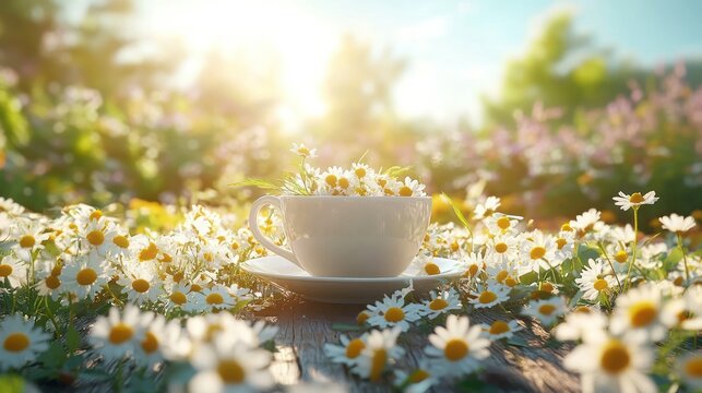 Delicate white cup filled with daisies on a rustic wooden surface amidst a meadow