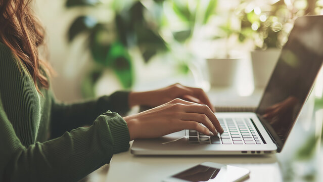 Close-up of a woman typing on a laptop in a bright workspace with plants, representing remote work and productivity.