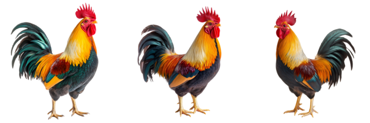 A brightly colored rooster with a vivid red comb and striking golden feathers, standing tall and alert, isolated on a transparent background