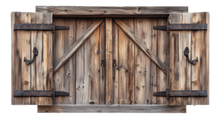 Rustic wooden window with classic shutters isolated on transparent background