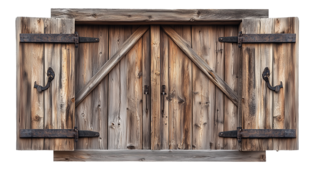 Rustic wooden window with classic shutters isolated on transparent background