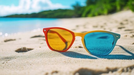 Stylish Colored Sunglasses on Sandy Beach with Vibrant Background