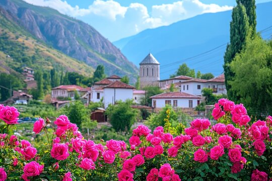 In a stunning valley filled with colorful roses, traditional Bulgarian houses are nestled against a backdrop of green hills and towering mountains under a bright sky